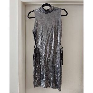 NWOT~Black & Silver Glitter Side Cut Out Party Mini Dress Sz Large